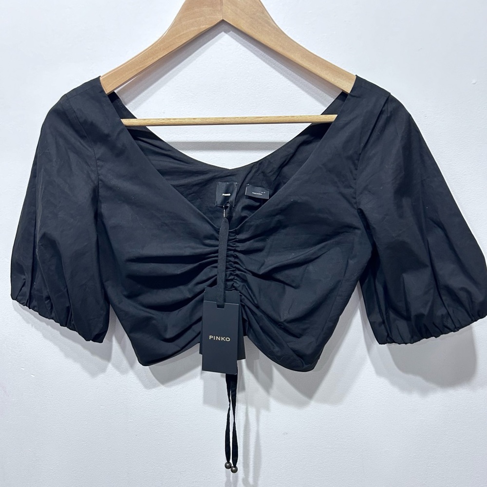 Pinko Black Venezia Crop Top‎ Ruched Front V-Neck, Short Puff Sleeves Size 2